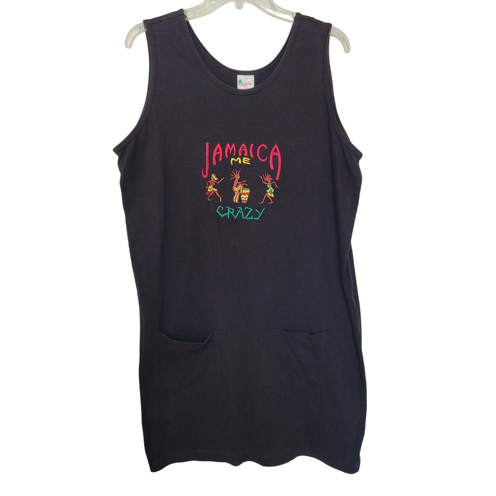 Island Tees Jamaica Me Crazy Dress Womens One Size Black Cotton Graphic Pockets